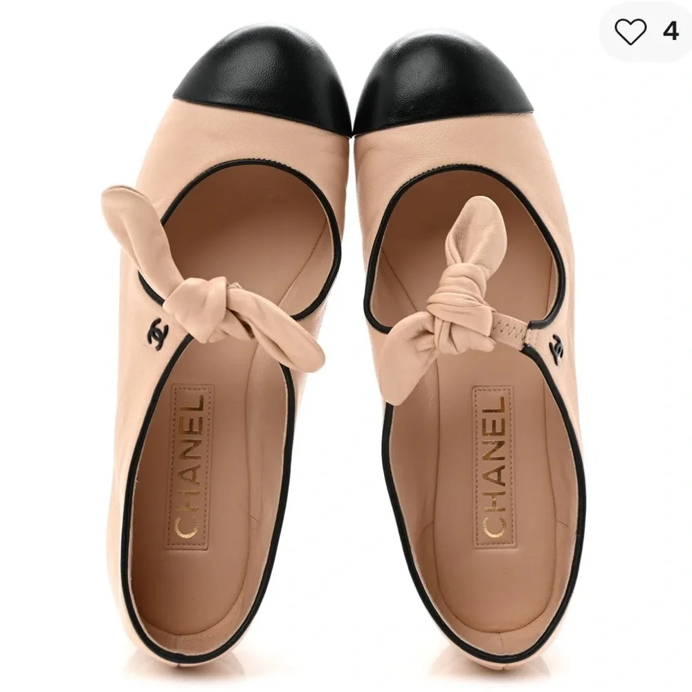 **CHANEL** Two-Tone Beige and Black Flats Mary Jane Size 42